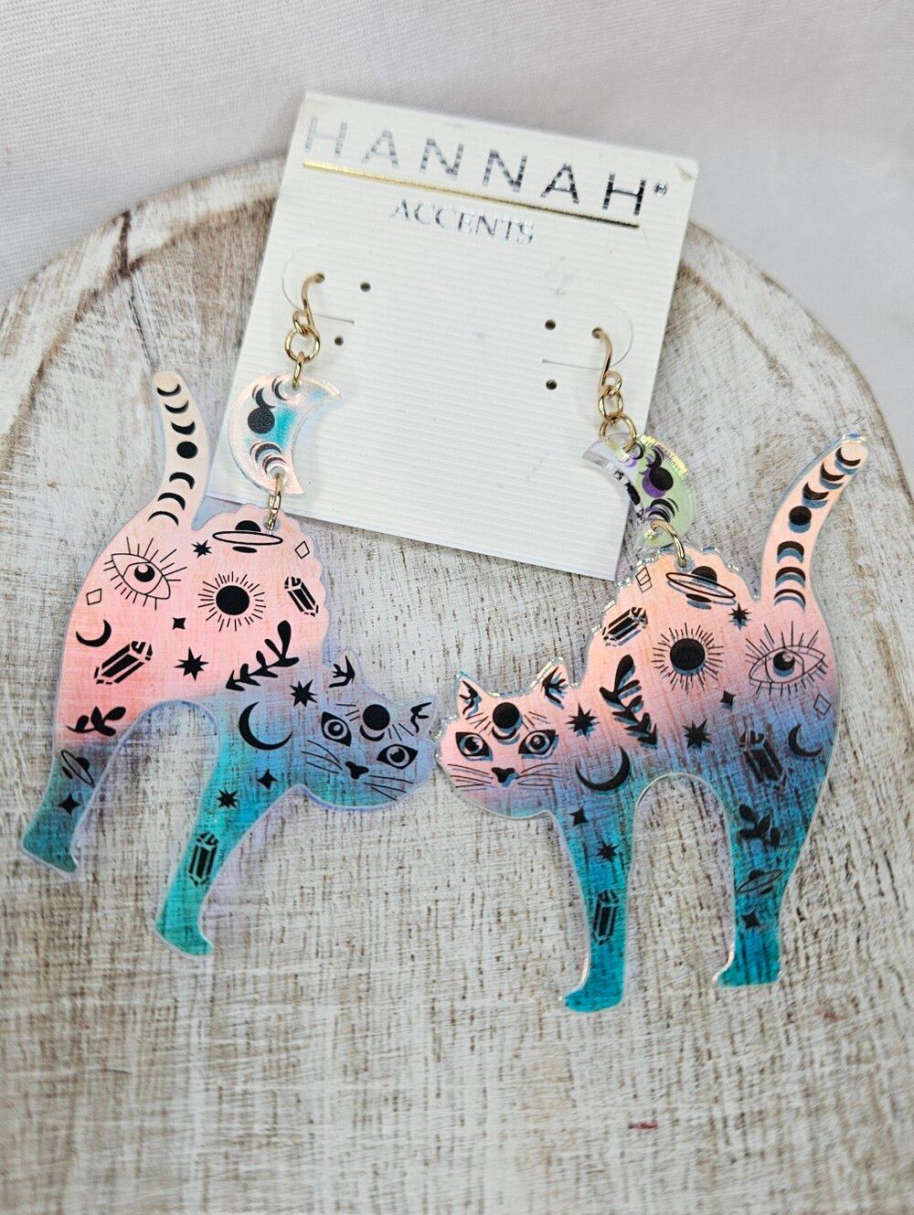 Hannah Accents Celestial Cat Holographic Acrylic Dangle Earrings NWT